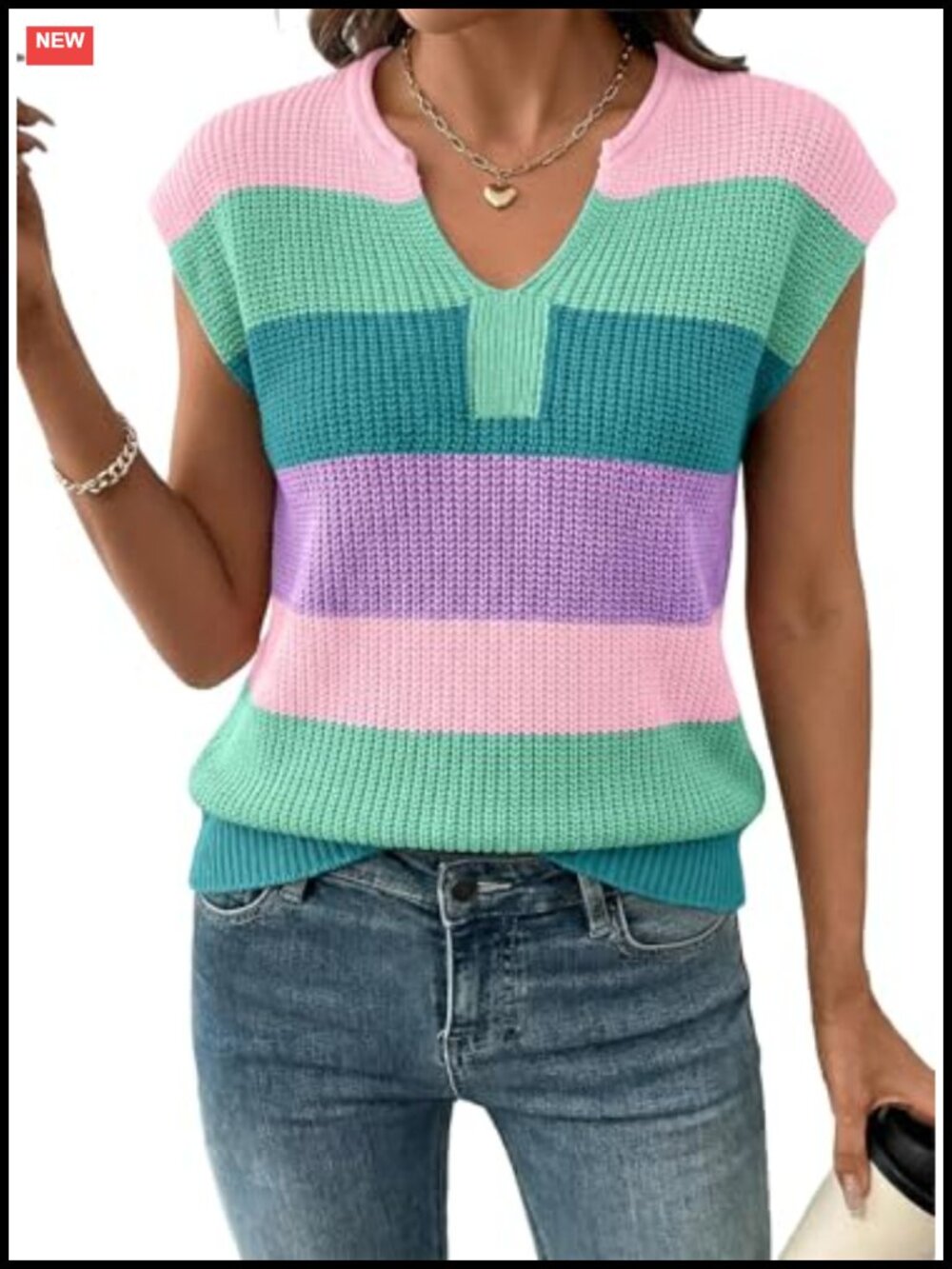 Women's V-Neck Short Sleeve Knit Sweater Top Striped Colorblock Cap Sleeve